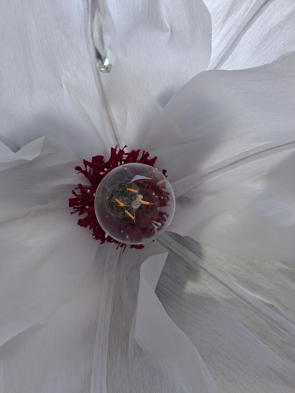 Handcrafted White Floral Hanging LED Lamp with Red Rose Accent